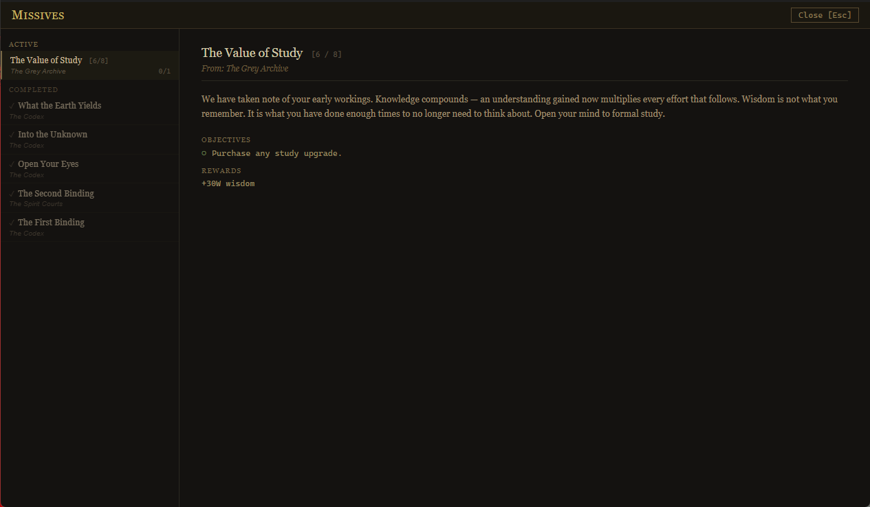 Missives — narrative quest log with active and completed objectives