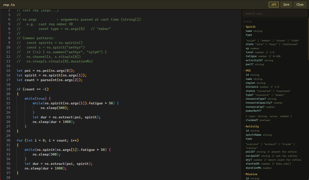 The Scriptorium — Monaco editor with live-generated TypeScript API definitions